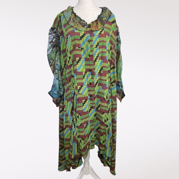 URU Silk Art Wear Dress Made In USA Asymmetrical Boho Patchwork One Size - Picture 1 of 10